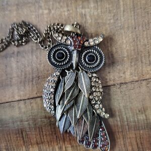 Vintage Rhinestone Owl Pendant Necklace